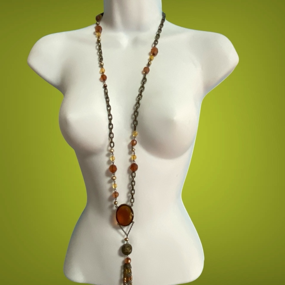 MARK Amber Colored Glass Beads Pendant Necklace With Dangles Vintage Inspired